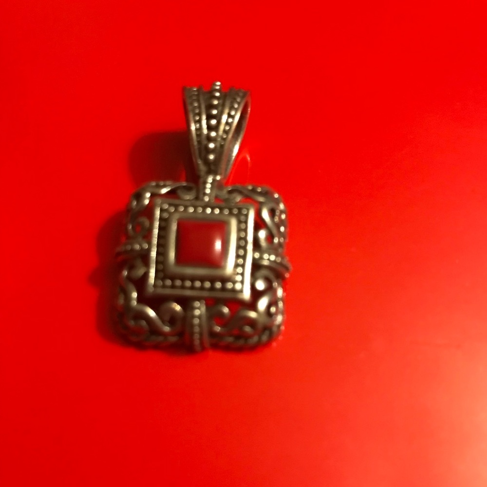 Beautiful Antique Silver Square Dark Red Pendant